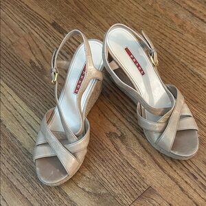 Prada | Platform Sandals Tan Leather Chunky Cork Espadrille Wedge Heel-Size 8.5